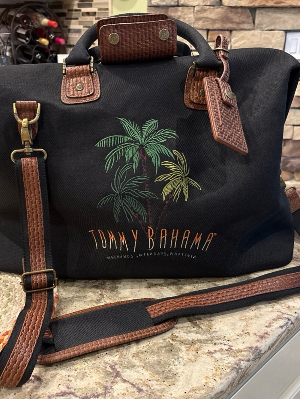 Tommy Bahama Black Canvas & Brown Leather Travel Duffle Bag